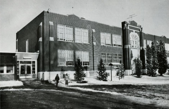 black and white image of school building during the 1974-75 school year