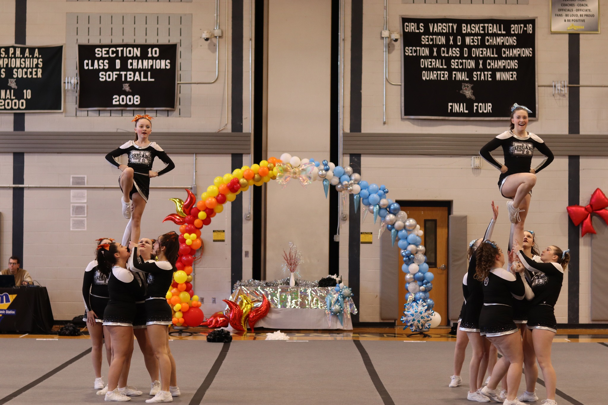 Small group of female cheerleaders during a competition in a gymnasium